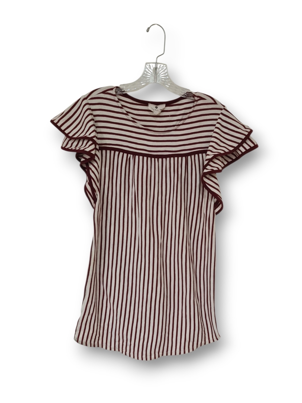 Striped Flutter-Sleeve Women’s Dress in Burgundy and White 100% Cotton